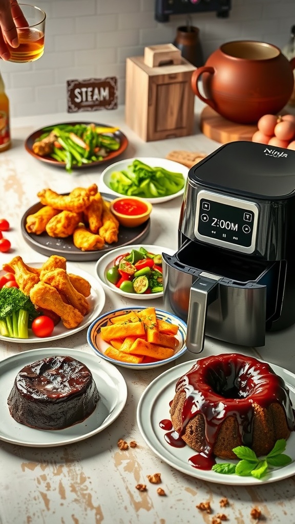 A variety of dishes including chicken wings, vegetables, and chocolate lava cake made in the Ninja Foodi air fryer.